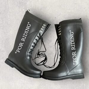 Off-White For Riding Women's Lace Up Knee High Rain Boots Black White EU 40
